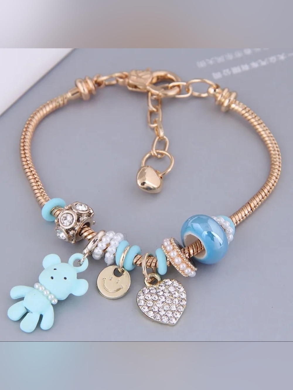 Heart and Teddy Bear Charm Bracelet Blue Zircon Heart Charm - Picture 8 of 9